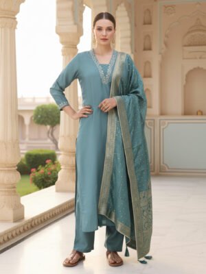 Teal Blue Embroidered Kurta Pant Set with Zari Dupatta