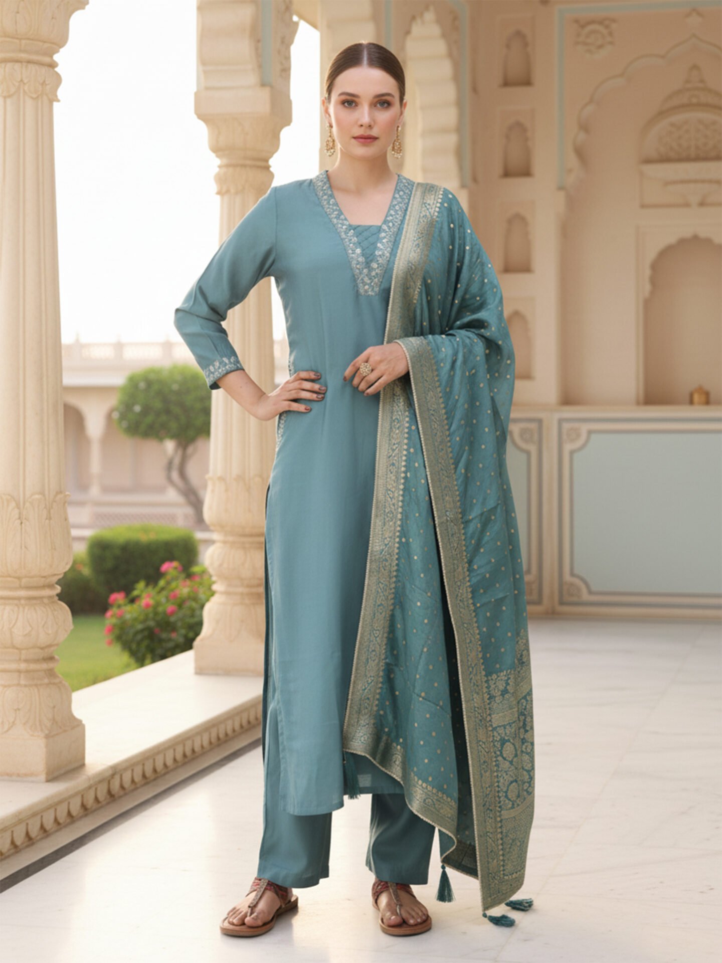 Teal Blue Embroidered Kurta Pant Set with Zari Dupatta