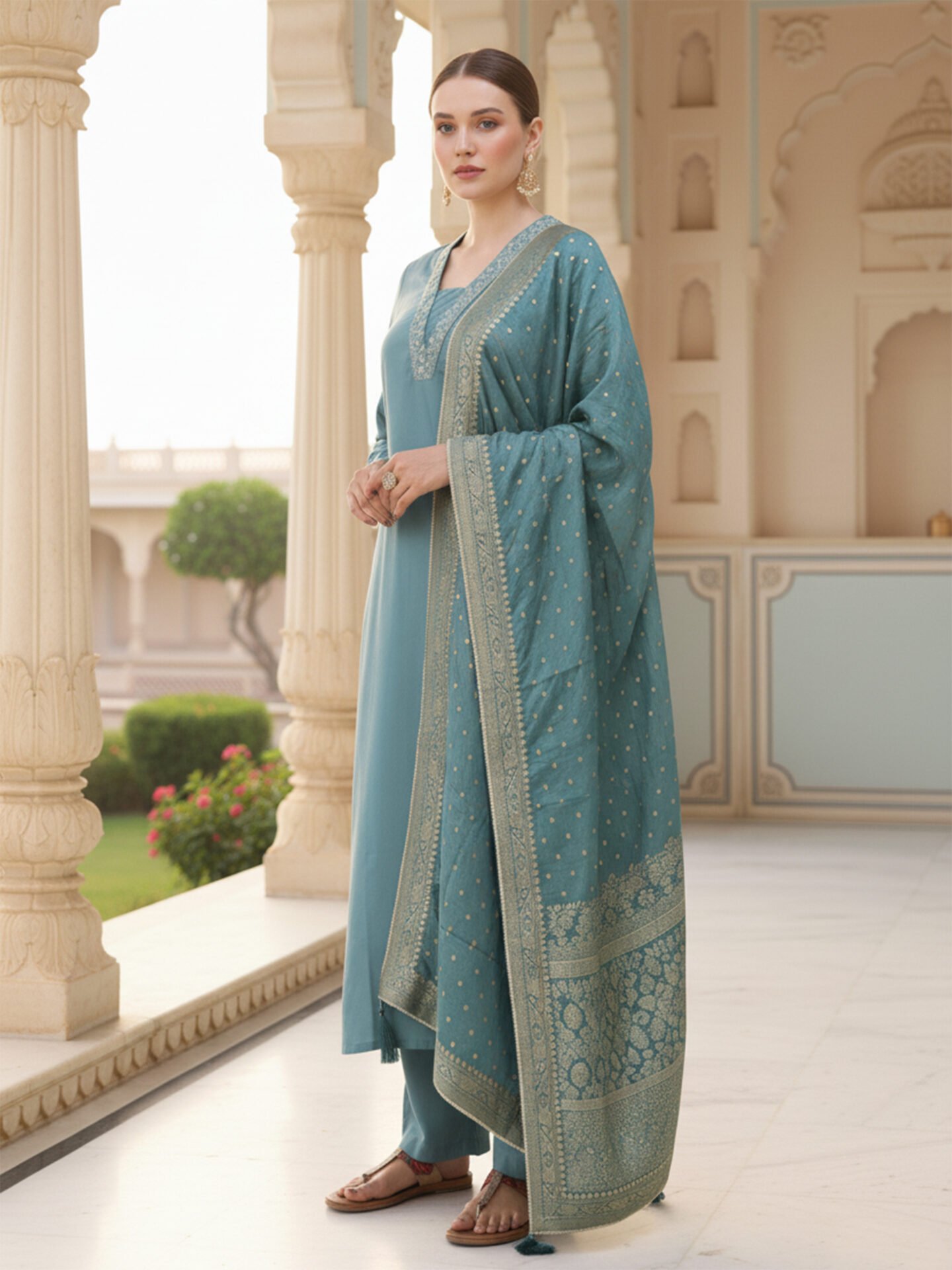 Teal Blue Embroidered Kurta Pant Set with Zari Dupatta - Image 3