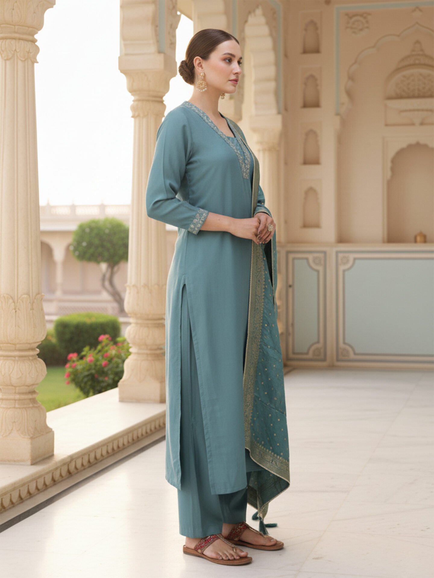 Teal Blue Embroidered Kurta Pant Set with Zari Dupatta - Image 2