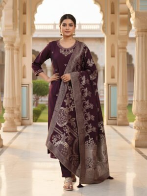 Wine Purple Kurta Set with Printed Zari Dupatta