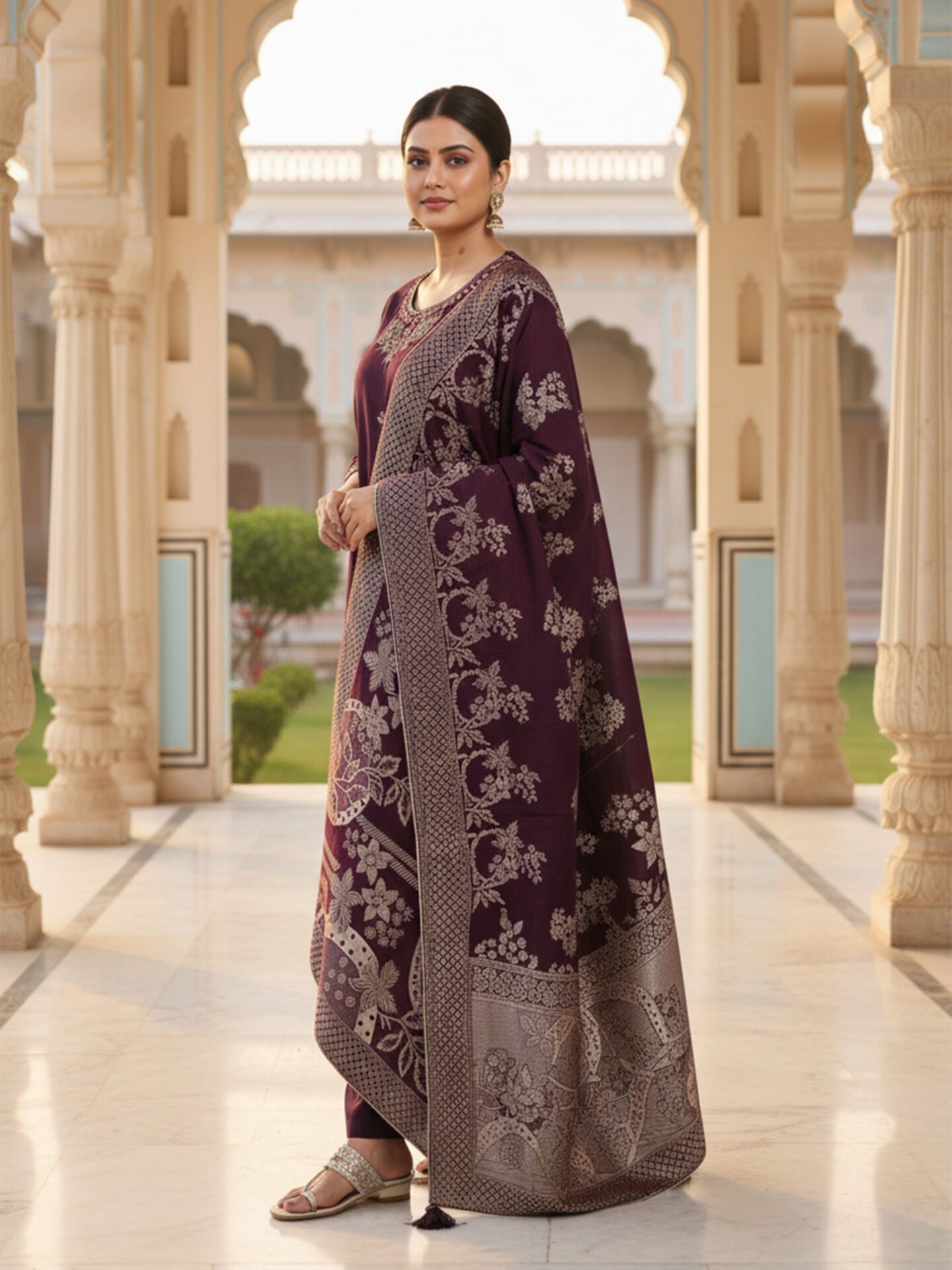 Wine Purple Kurta Set with Printed Zari Dupatta - Image 2