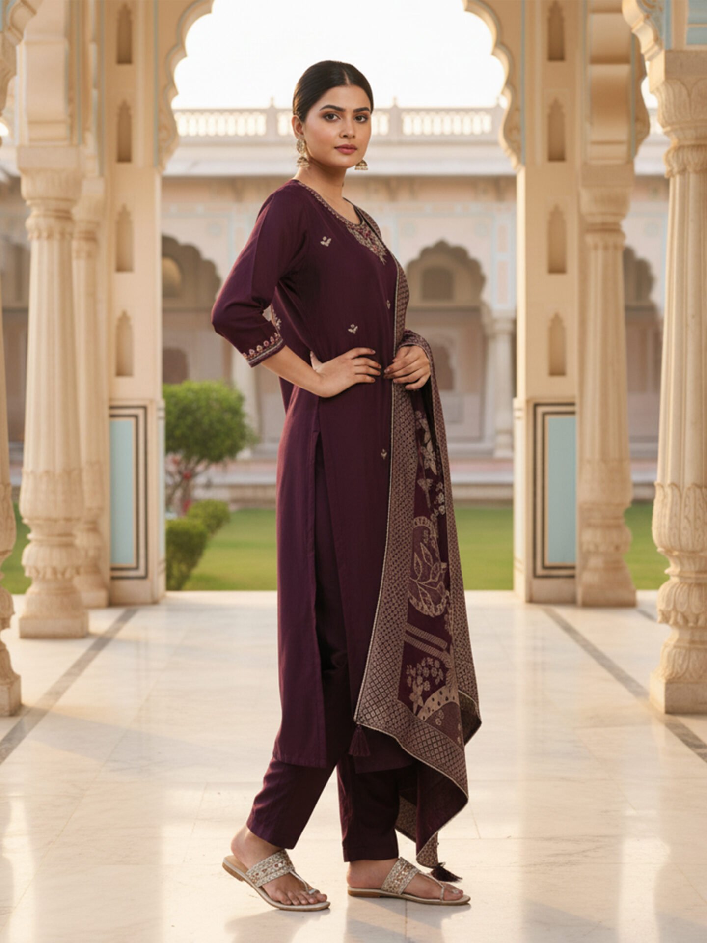 Wine Purple Kurta Set with Printed Zari Dupatta - Image 4
