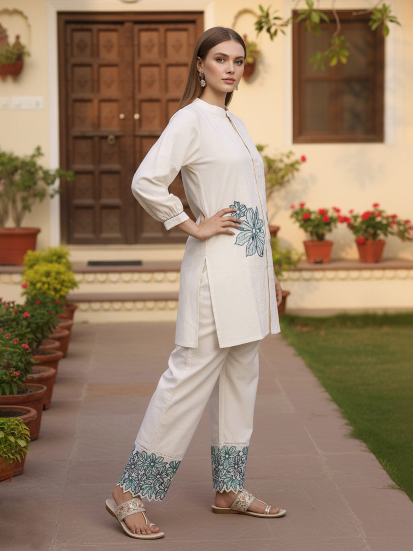 Off White Floral Embroidered Co-Ord Set - Image 2