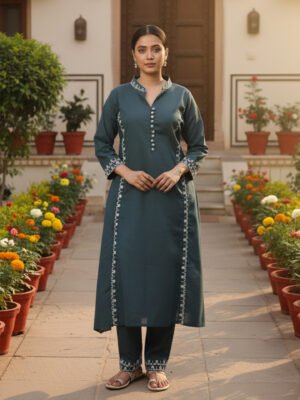 Deep Teal Embroidered Kurta Pant Set