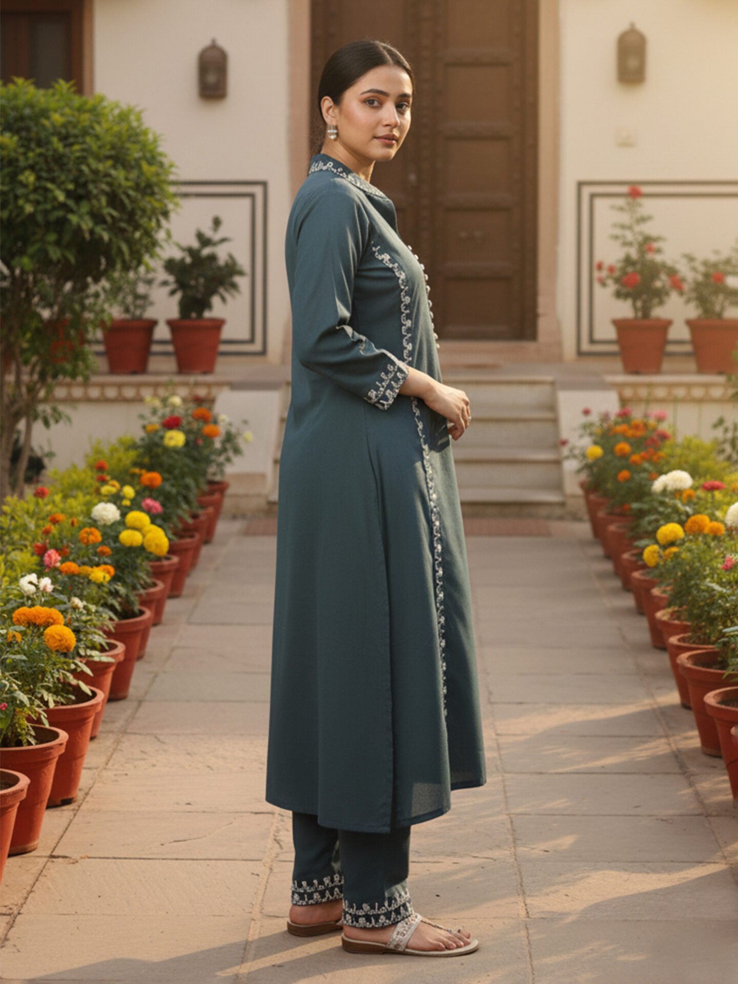 Deep Teal Embroidered Kurta Pant Set - Image 2