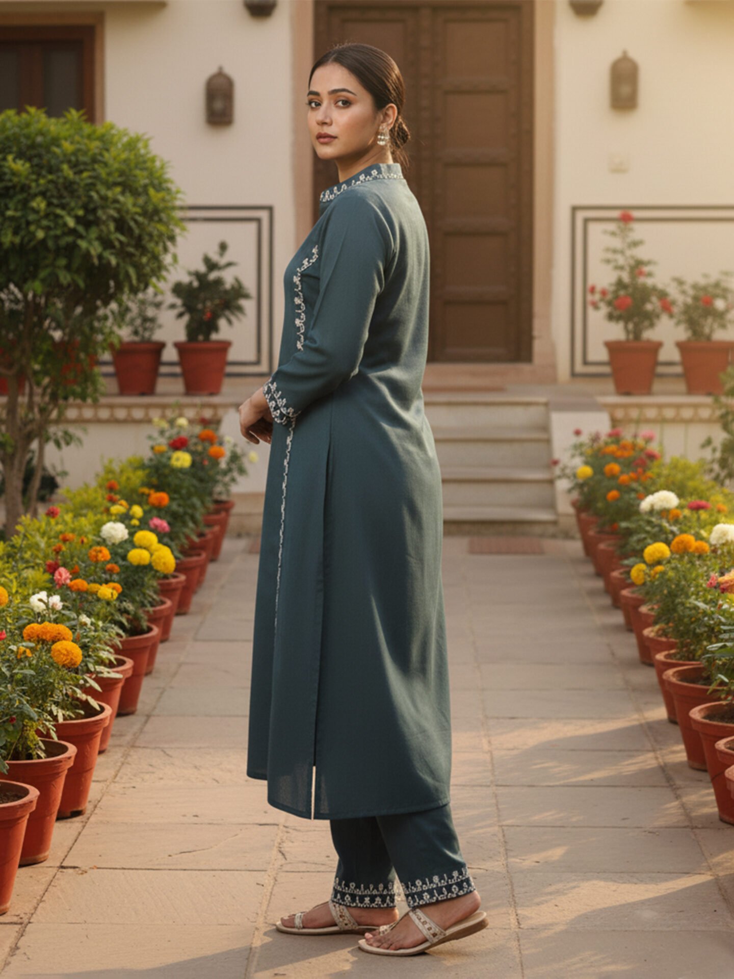 Deep Teal Embroidered Kurta Pant Set - Image 4