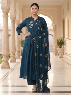 Navy Blue Floral Embroidered Anarkali Kurta Set