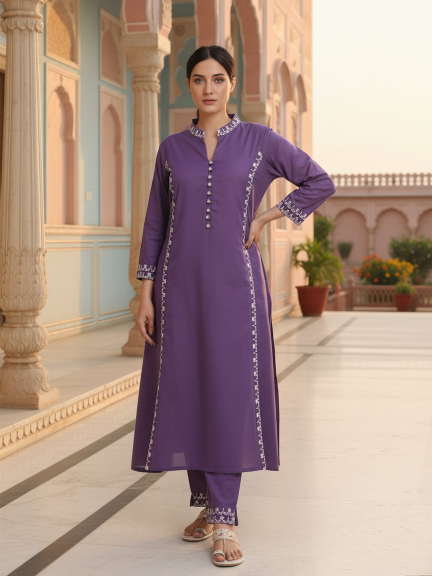 Purple Embroidered Straight Kurta - Image 2