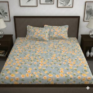 Hosta Homes Soft Blue Yellow Floral King Size Bedsheet with 2 Pillow Covers