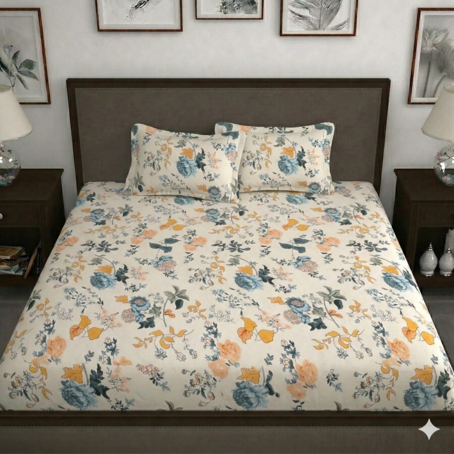 Hosta Homes Ivory Vintage Floral King Size Bedsheet with 2 Pillow Covers