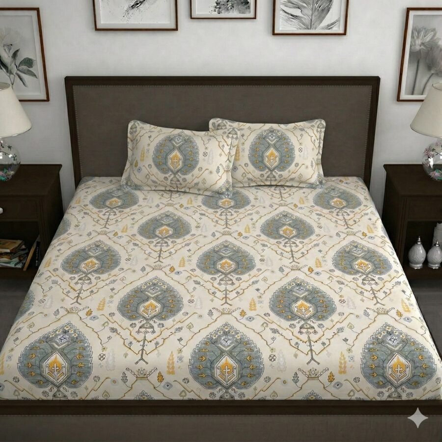 Hosta Homes Grey Ivory Medallion King Size Bedsheet with 2 Pillow Covers