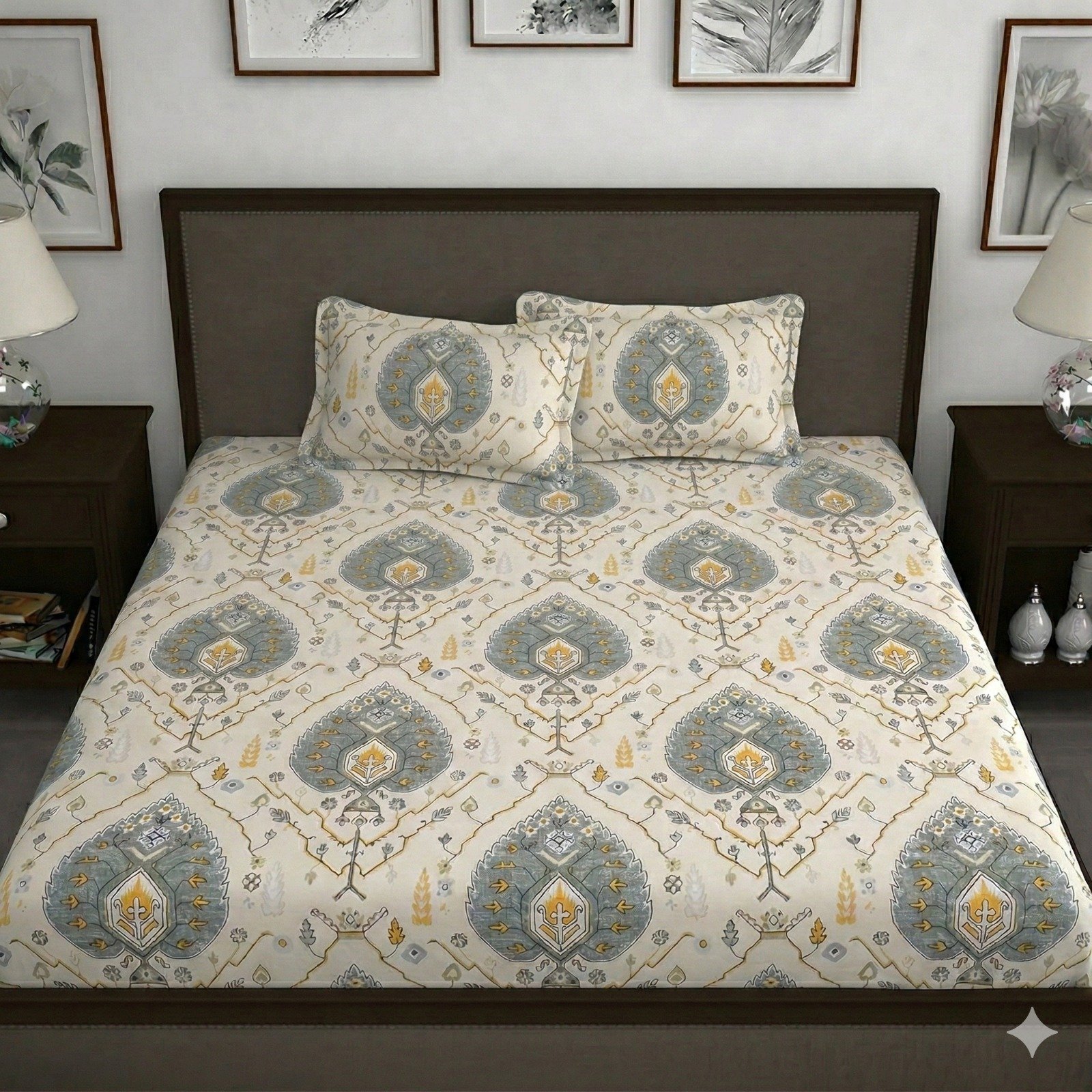 Hosta Homes Grey Ivory Medallion King Size Bedsheet with 2 Pillow Covers
