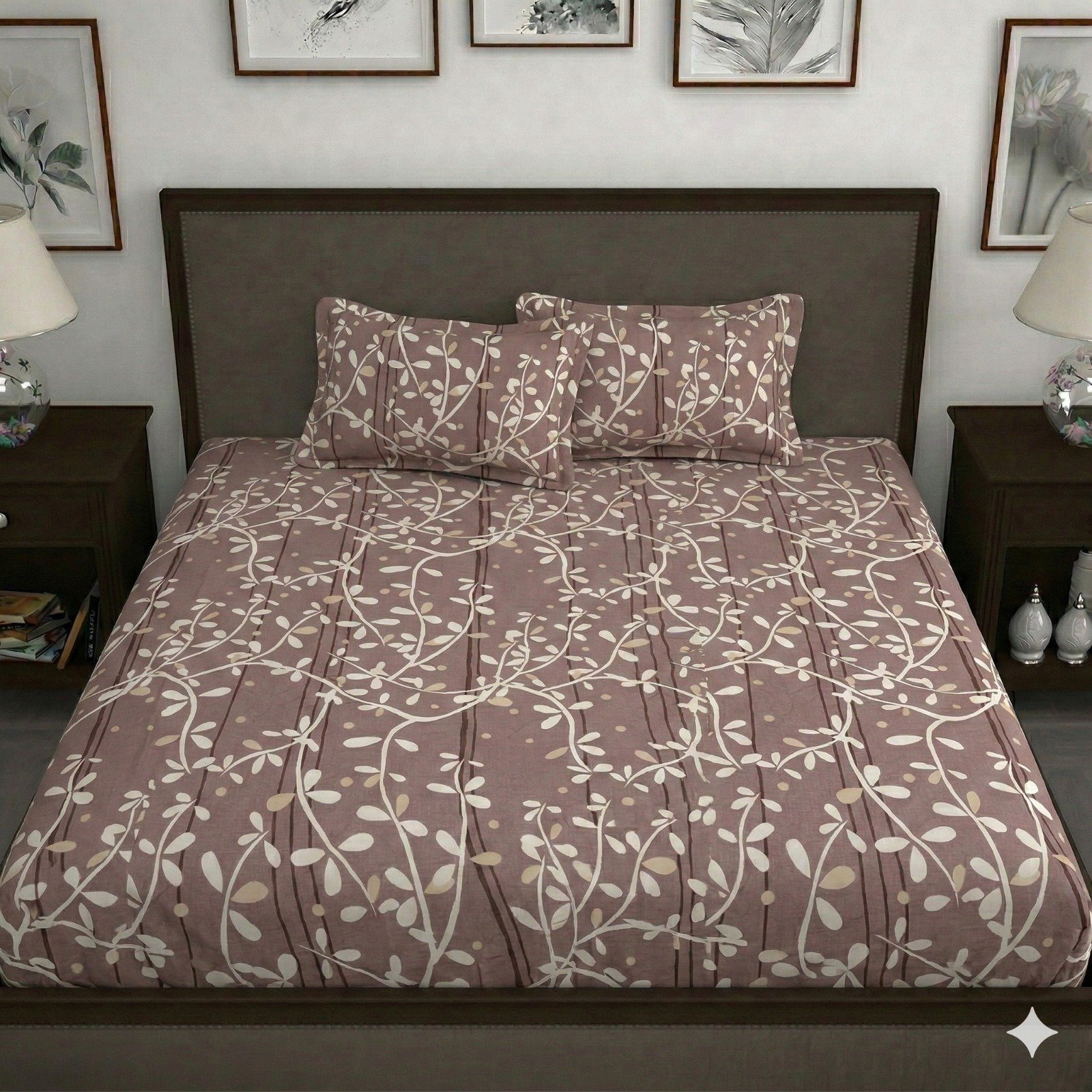Hosta Homes Mauve Leaf Vine King Size Bedsheet with 2 Pillow Covers
