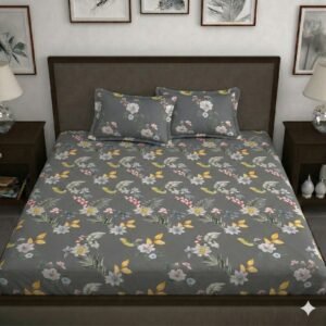 Hosta Homes Charcoal Tropical Floral King Size Bedsheet with 2 Pillow Covers