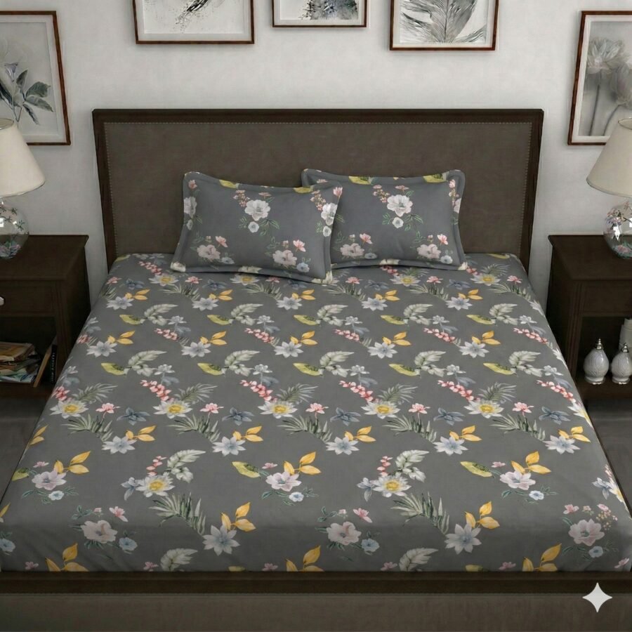 Hosta Homes Charcoal Tropical Floral King Size Bedsheet with 2 Pillow Covers