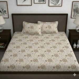 Hosta Homes Ivory Gold Floral Medallion King Size Bedsheet with 2 Pillow Covers
