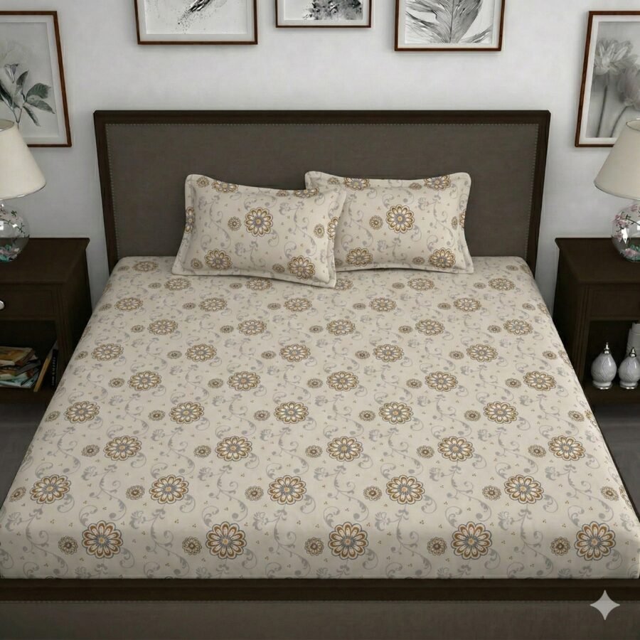 Hosta Homes Ivory Gold Floral Medallion King Size Bedsheet with 2 Pillow Covers