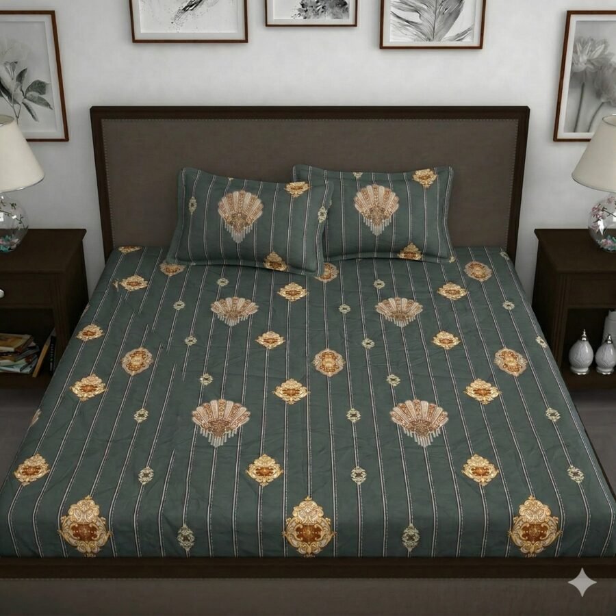 Hosta Homes Dark Green Royal Stripe King Size Bedsheet with 2 Pillow Covers