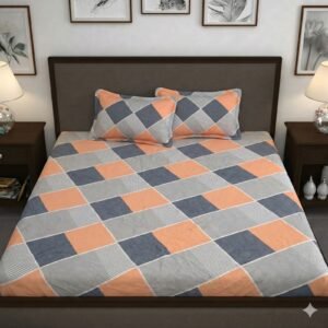 Hosta Homes Peach Grey Checkered King Size Bedsheet with 2 Pillow Covers