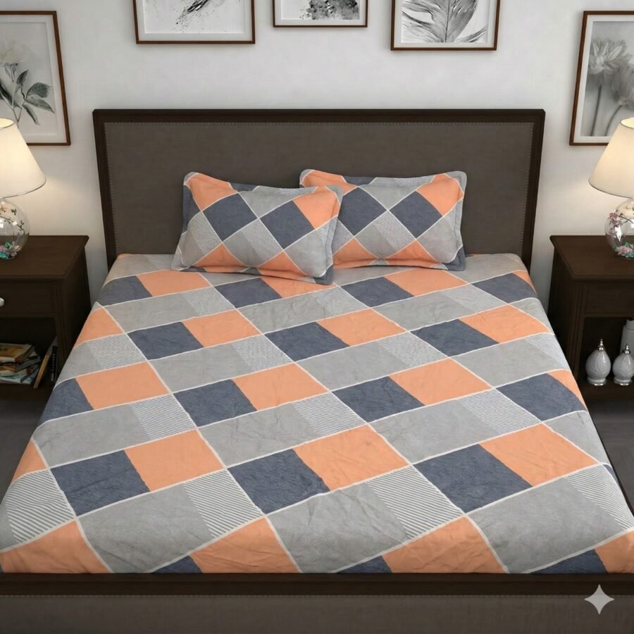 Hosta Homes Peach Grey Checkered King Size Bedsheet with 2 Pillow Covers
