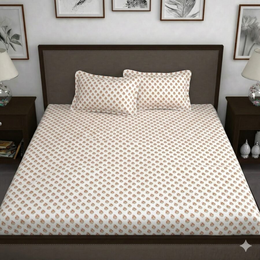 Hosta Homes Ivory Tiny Buti King Size Bedsheet with 2 Pillow Covers