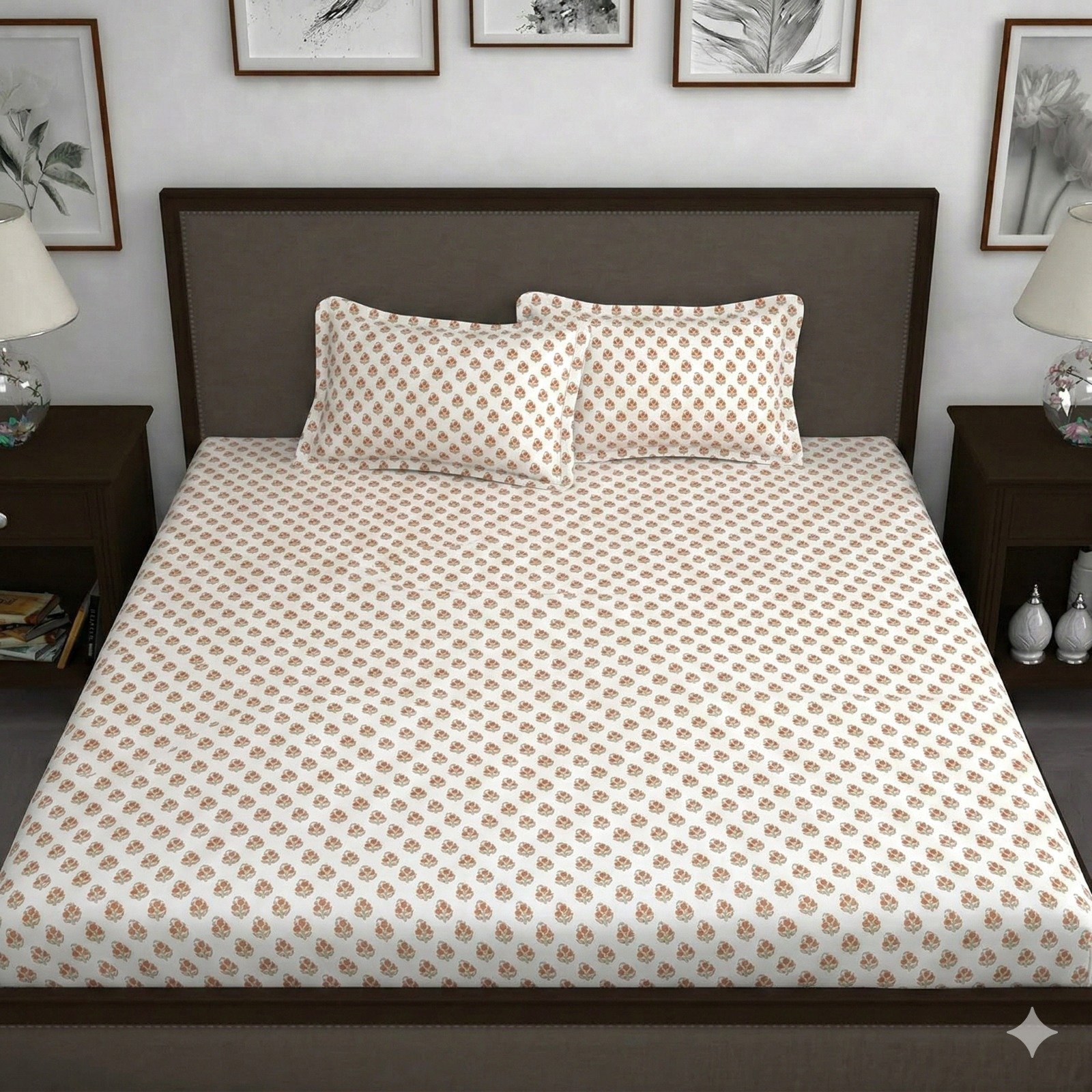 Hosta Homes Ivory Tiny Buti King Size Bedsheet with 2 Pillow Covers