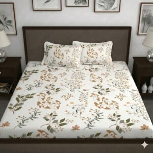 Hosta Homes Ivory Botanical Leaf King Size Bedsheet with 2 Pillow Covers