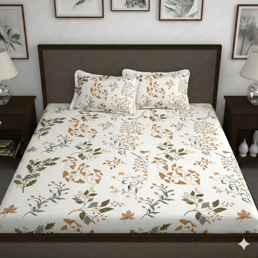 Hosta Homes Ivory Botanical Leaf King Size Bedsheet with 2 Pillow Covers