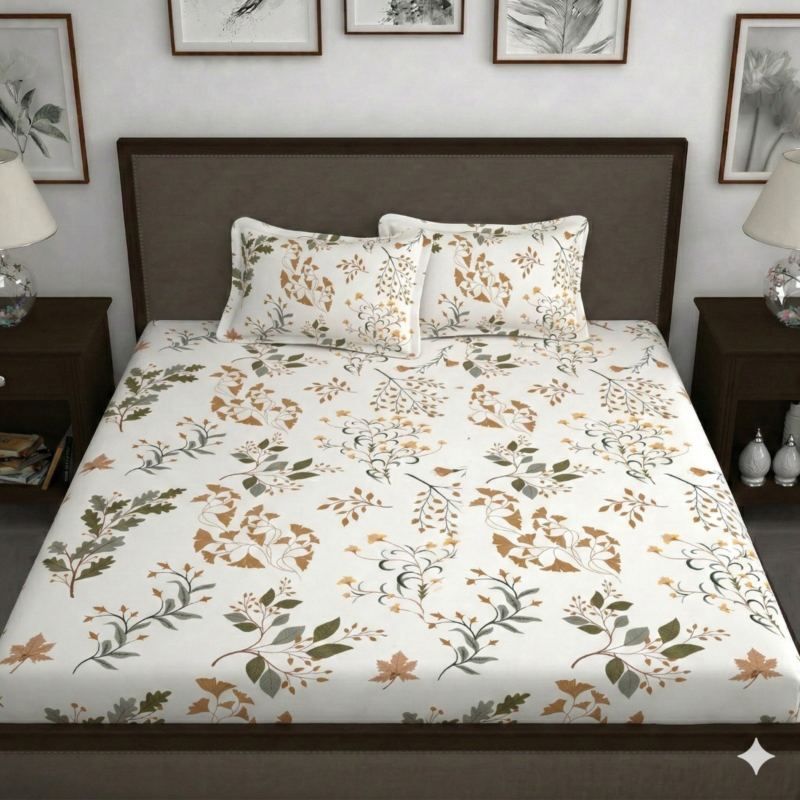 Hosta Homes Ivory Botanical Leaf King Size Bedsheet with 2 Pillow Covers
