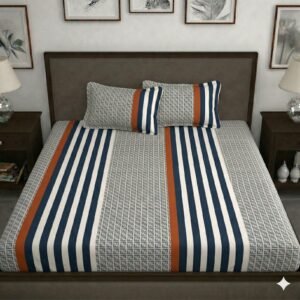 Hosta Homes Navy Monogram Stripe King Size Bedsheet with 2 Pillow Covers