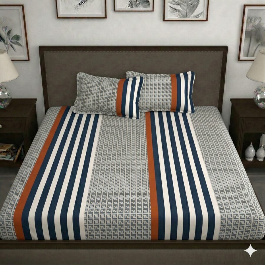 Hosta Homes Navy Monogram Stripe King Size Bedsheet with 2 Pillow Covers