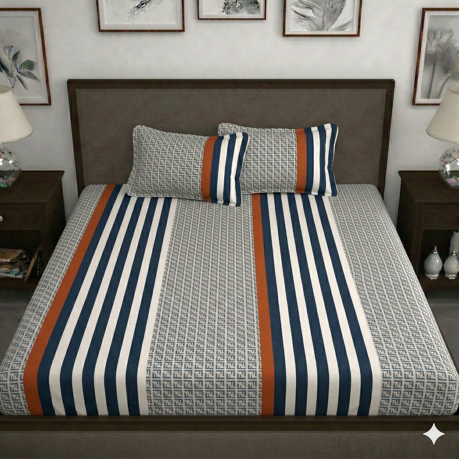 Hosta Homes Navy Monogram Stripe King Size Bedsheet with 2 Pillow Covers