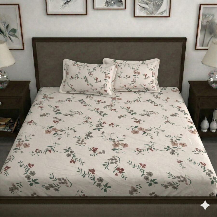Hosta Homes Ivory Mini Floral King Size Bedsheet with 2 Pillow Covers