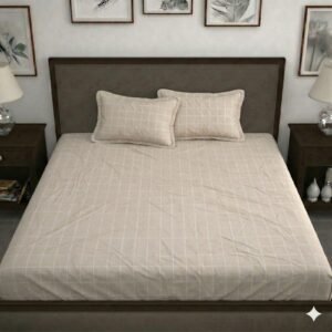 Hosta Homes Beige Grid King Size Bedsheet with 2 Pillow Covers