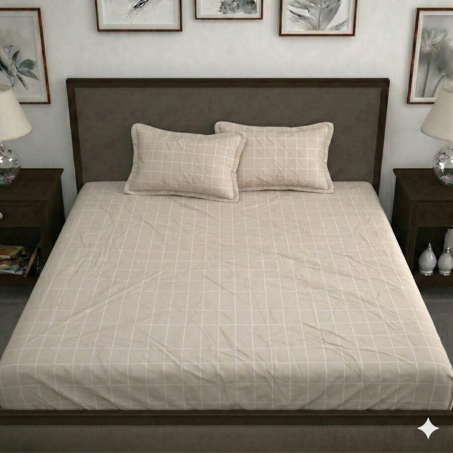 Hosta Homes Beige Grid King Size Bedsheet with 2 Pillow Covers