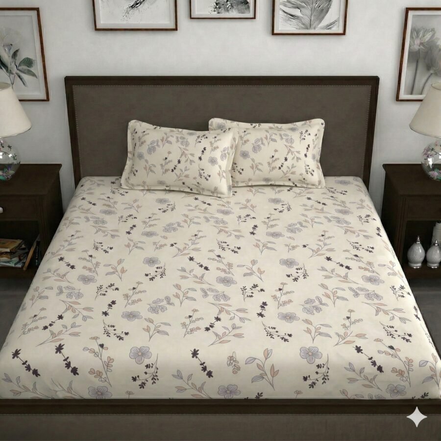 Hosta Homes Ivory Pastel Floral King Size Bedsheet with 2 Pillow Covers