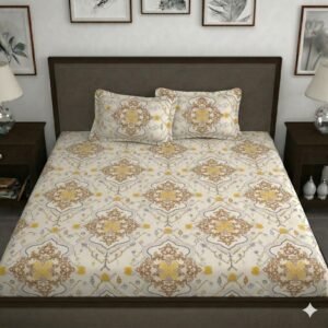 Hosta Homes Cream Gold Medallion King Size Bedsheet with 2 Pillow Covers