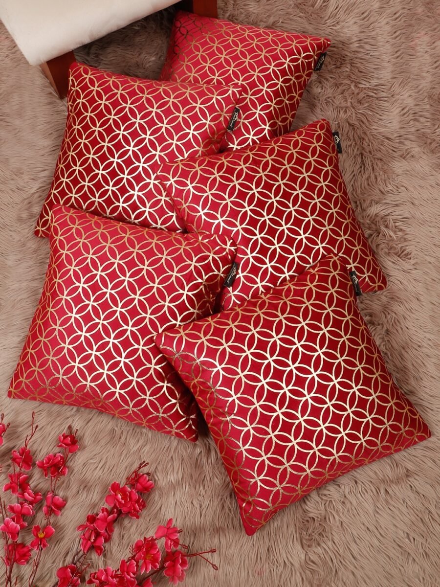 Hosta Homes Red Gold Geometric Circle Foil Printed Cushion Covers - Set of 2