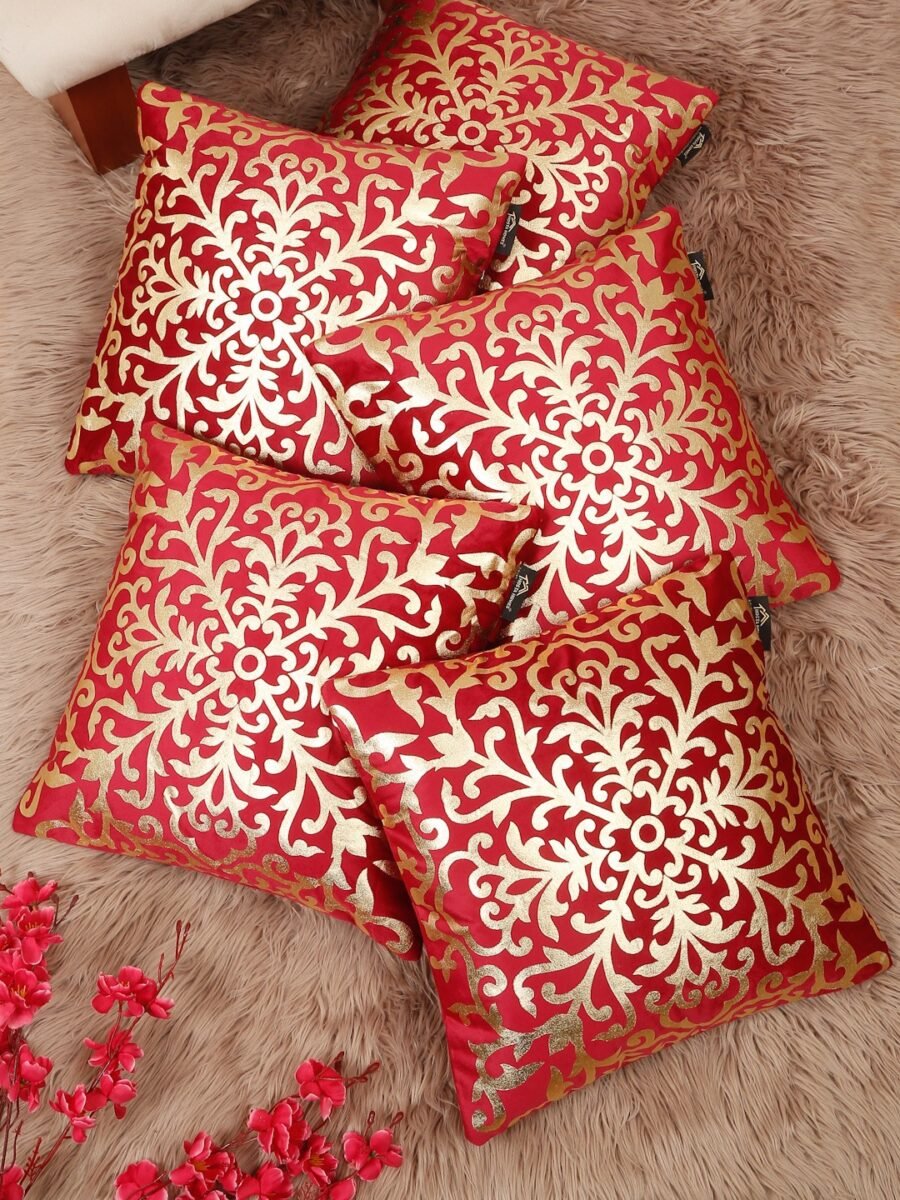 Hosta Homes Red Gold Damask Foil Printed Cushion Covers - Set of 5