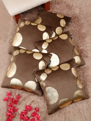 Hosta Homes Chocolate Brown Gold Large Circle Foil Printed Cushion Covers - Set of 5