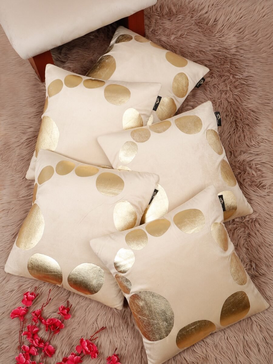 Hosta Homes Ivory Gold Large Circle Foil Printed Cushion Covers - Set of 5