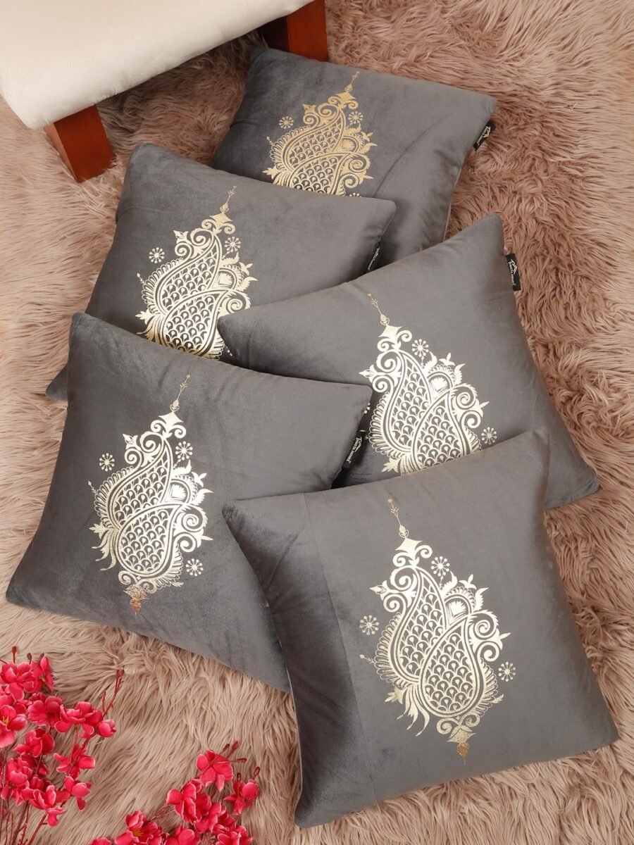 Hosta Homes Grey Gold Paisley Foil Print Cushion Covers - Set of 5