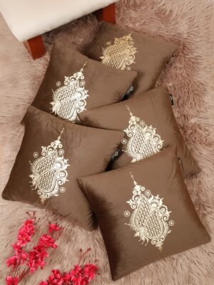 Hosta Homes Chocolate Brown Gold Paisley Foil Print Cushion Covers - Set of 5