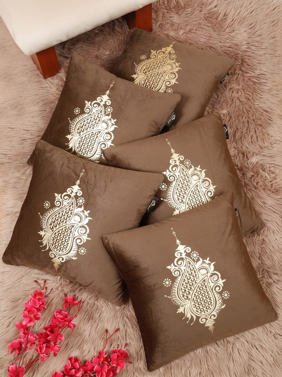Hosta Homes Chocolate Brown Gold Paisley Foil Print Cushion Covers - Set of 5