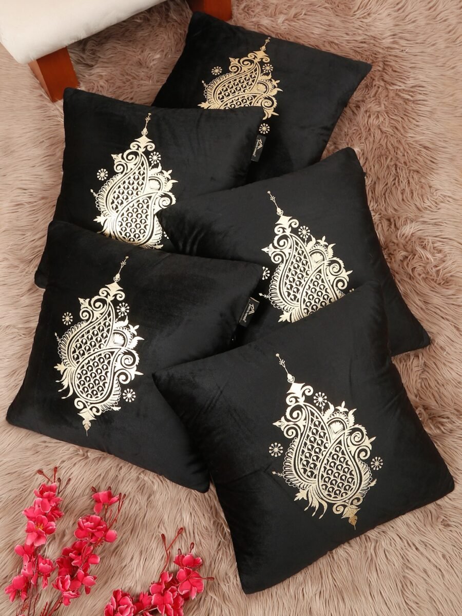 Hosta Homes Black Gold Paisley Foil Print Cushion Covers - Set of 5