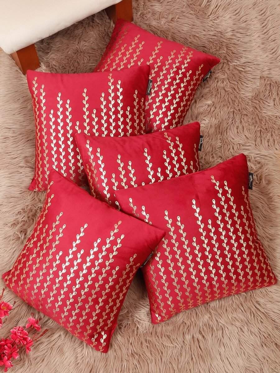 Hosta Homes Red Gold Leaf Vine Foil Print Cushion Covers - Set of 5
