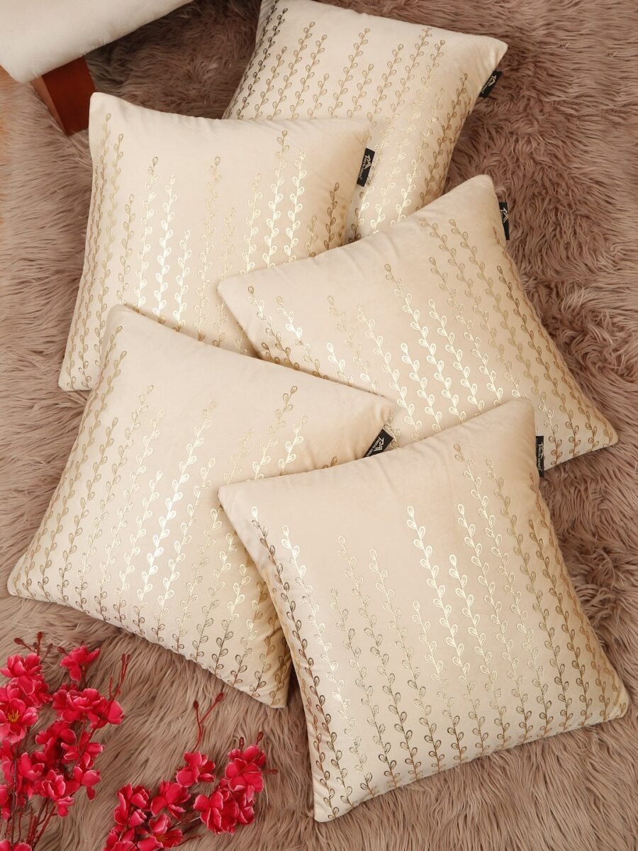Hosta Homes Ivory Gold Leaf Vine Foil Print Cushion Covers - Set of 5