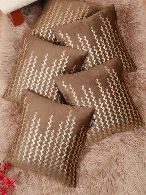 Hosta Homes Chocolate Brown Gold Leaf Vine Foil Print Cushion Covers - Set of 5