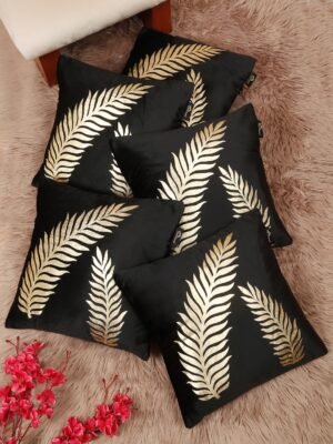 Hosta Homes Black Gold Fern Leaf Foil Print Cushion Covers - Set of 5